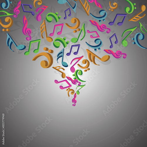 Colorful Music Notes Decorated on Glossy Grey Background and Copy Space.