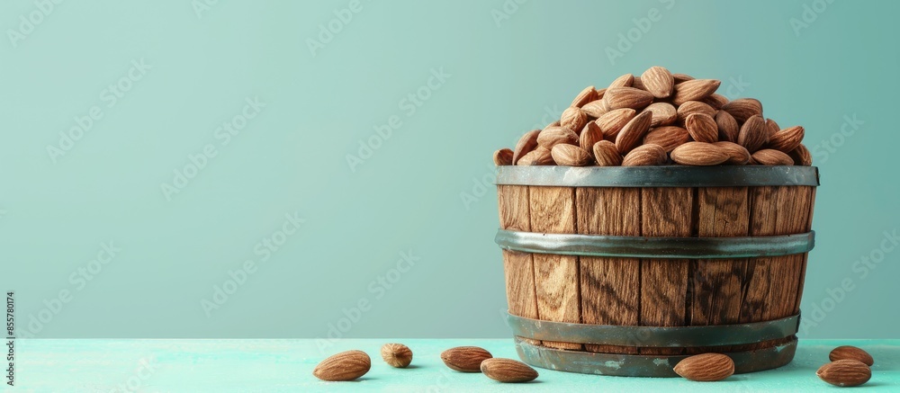 Wooden cask of Almonds Isolated on pastel background. with copy space image. Place for adding text or design Wooden cask of Almonds Isolated on pastel background. with copy space image. Place for adding text or design