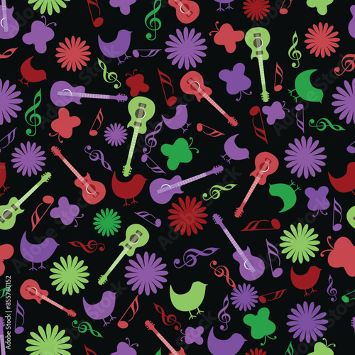 Colorful Music Notes with Instruments, Flowers, Birds and Butterflies Decorated on Black Background.