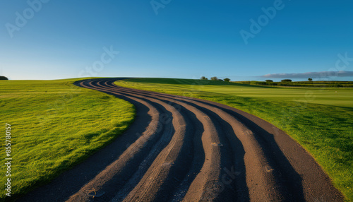 A long, curvy road winds through a grassy field