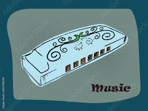 Harmonica Element on Teal Background for Music.