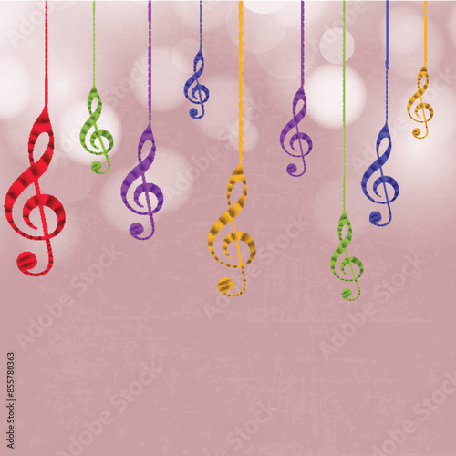 Colorful Treble Notes Hang on Rose Pink Bokeh Background and Copy Space.