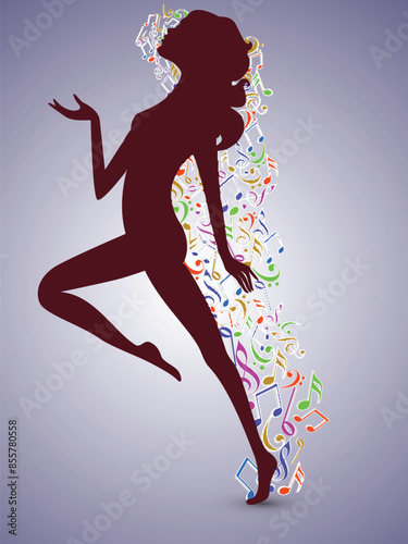 Silhouette Female Model with Colorful Music Notes on Grey Background.