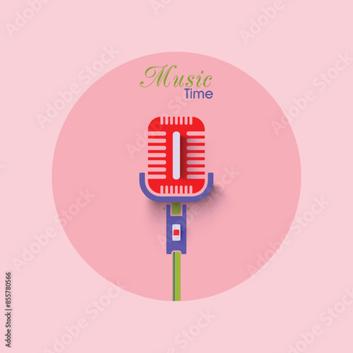 Music Time Poster Design with Creative Studio Microphone on Pastel Pink Background.