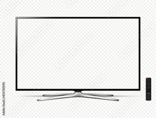 Modern smart tv flat screen with remote control isolated on transparent background