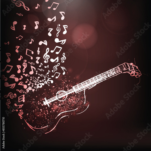 Dispersion Effect Acoustic Guitar with Musical Notes on Brown Background.