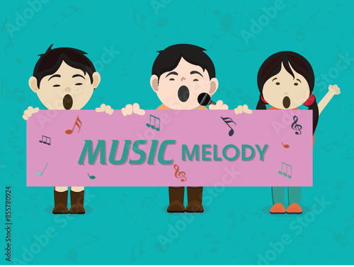 Cartoon Kids Holding Banner of Music Melody with Notes on Teal Green Background.