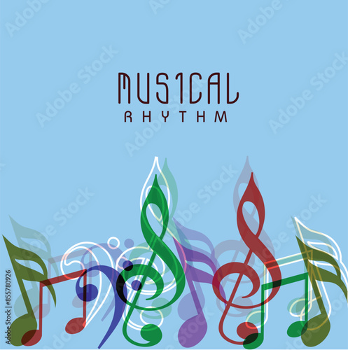 Music Rhythm Poster Design with Colorful Music Notes on Blue Background.