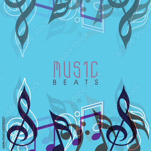 Music Beats Poster Design with Colorful Music Notes on Blue Background.