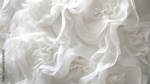 White fabric decorations with delicate curtain flounces and ruffles