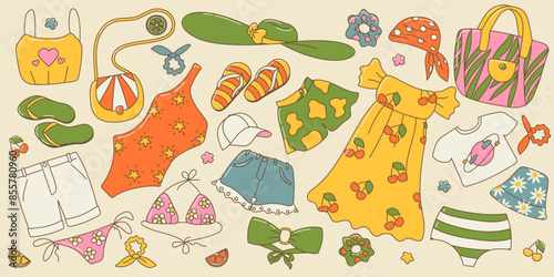Set of cute summer womans clothes stickers. T-shirt, crop top dress, shorts, flip flops, cap, hat, panama, scarf, hair tie, bikini, swimsuit, bag, etc. Cool groovy cartoon colorful hand draw illustrat