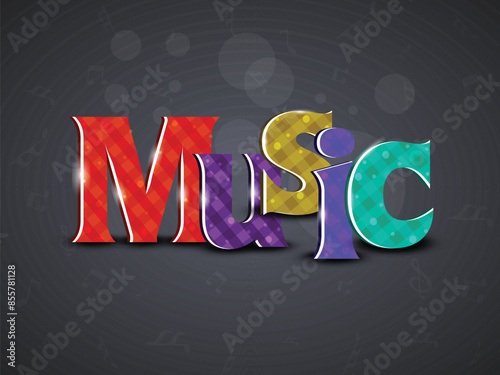 Colorful Music Text on Black Notes Pattern Background.