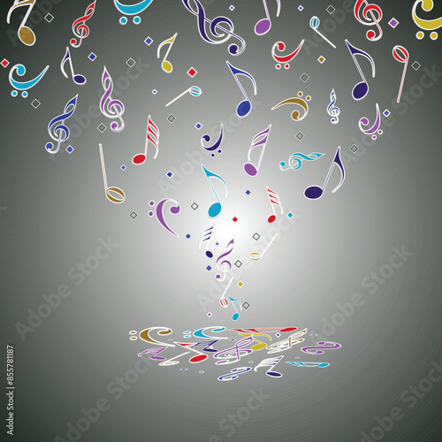 Colorful Music Notes Falling on Glossy Grey Background.
