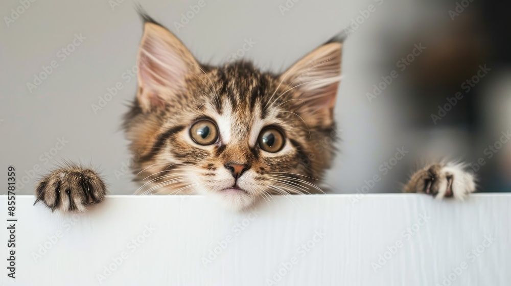 Curious kitten peeking from behind white sign Curious kitten peeking from behind white sign