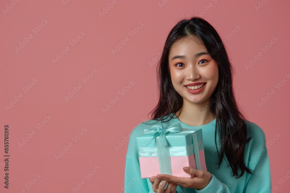 Portrait of a happy asian woman in her 20s holding a gift isolated in solid color backdrop Portrait of a happy asian woman in her 20s holding a gift isolated in solid color backdrop