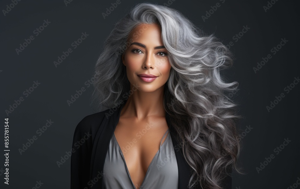 A woman with long gray hair is smiling at the camera. She is wearing a black jacket and a gray shirt A woman with long gray hair is smiling at the camera. She is wearing a black jacket and a gray shirt