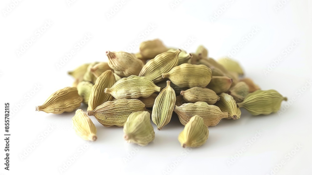 Cardamom seeds displayed against a white backdrop Cardamom seeds displayed against a white backdrop