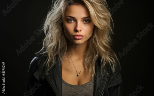 A woman with blonde hair and a necklace is standing in front of a black background. Concept of confidence and elegance, as the woman's long hair and the necklace add to her overall appearance