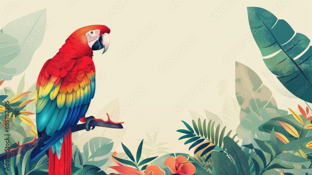 Fototapeta premium colorful parrot perched on a branch with tropical leaves.