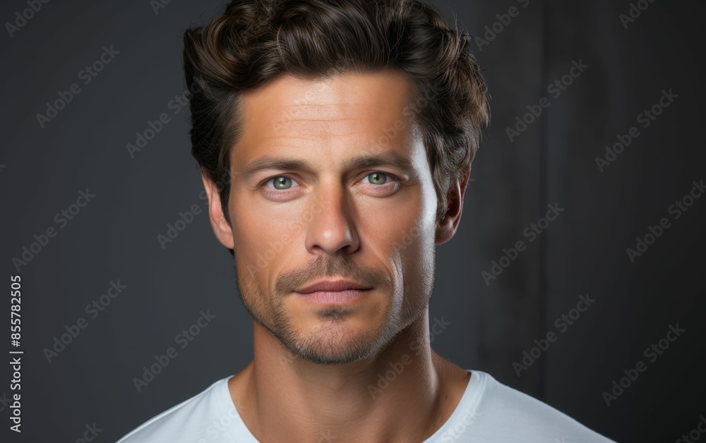Obraz premium A man with a beard and glasses is standing in front of a dark background. He is wearing a white shirt and has a serious expression on his face