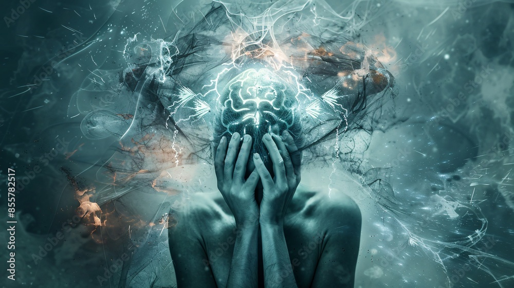 Obraz premium A clear and detailed photograph of a person holding their head in their hands, with abstract brain imagery around them, representing the imagination and intelligence affected by depression,