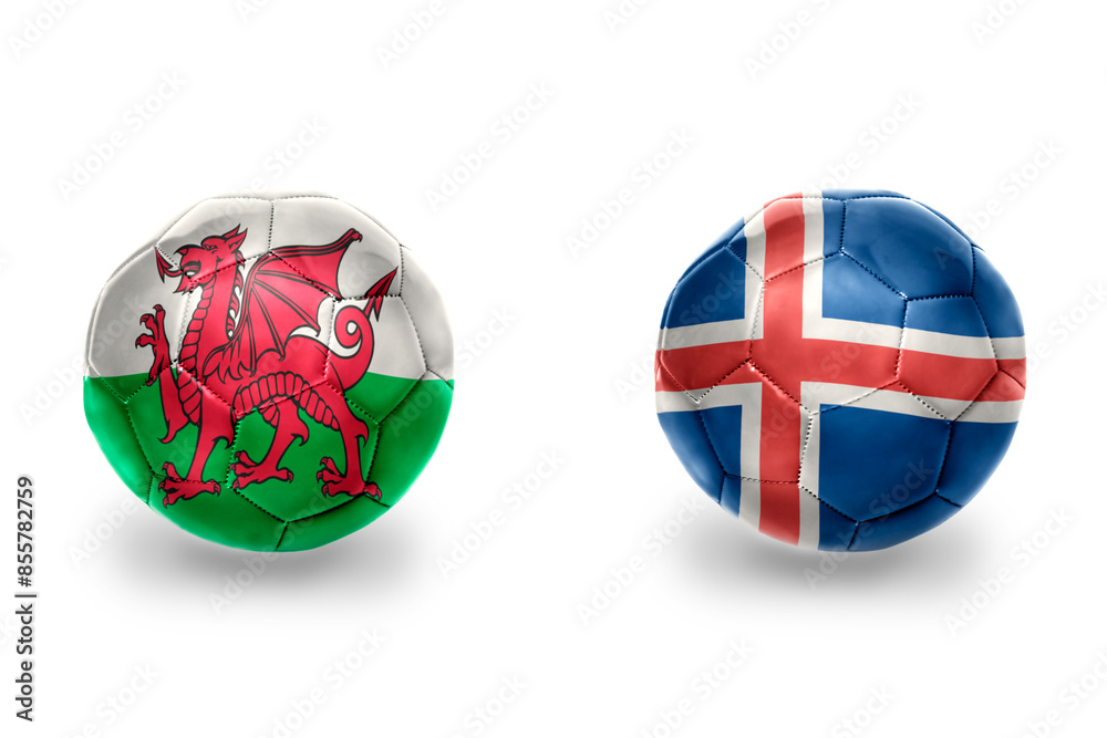 Obraz premium football balls with national flags of iceland and wales ,soccer teams. on the white background.