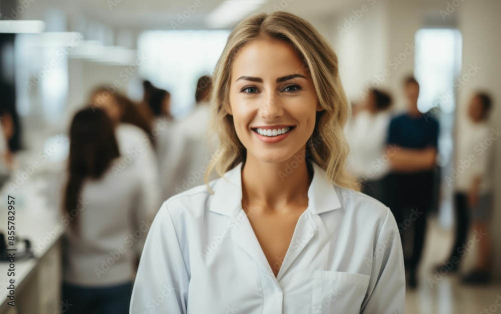 A woman in a white lab coat is smiling and posing for a photo. She is surrounded by other people, some of whom are also smiling. Scene is cheerful and friendly A woman in a white lab coat is smiling and posing for a photo. She is surrounded by other people, some of whom are also smiling. Scene is cheerful and friendly