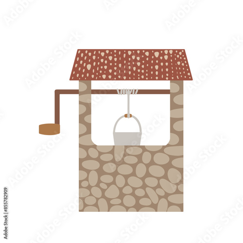 Water well vector illustration. Hand drawn old stone well with roof and bucket isolated on white background. Ancient rural drinking water source drawing in simple flat cartoon style