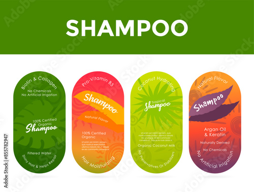 Shampoo hair care moisturizing organic beauty cosmetic product label design template set vector flat