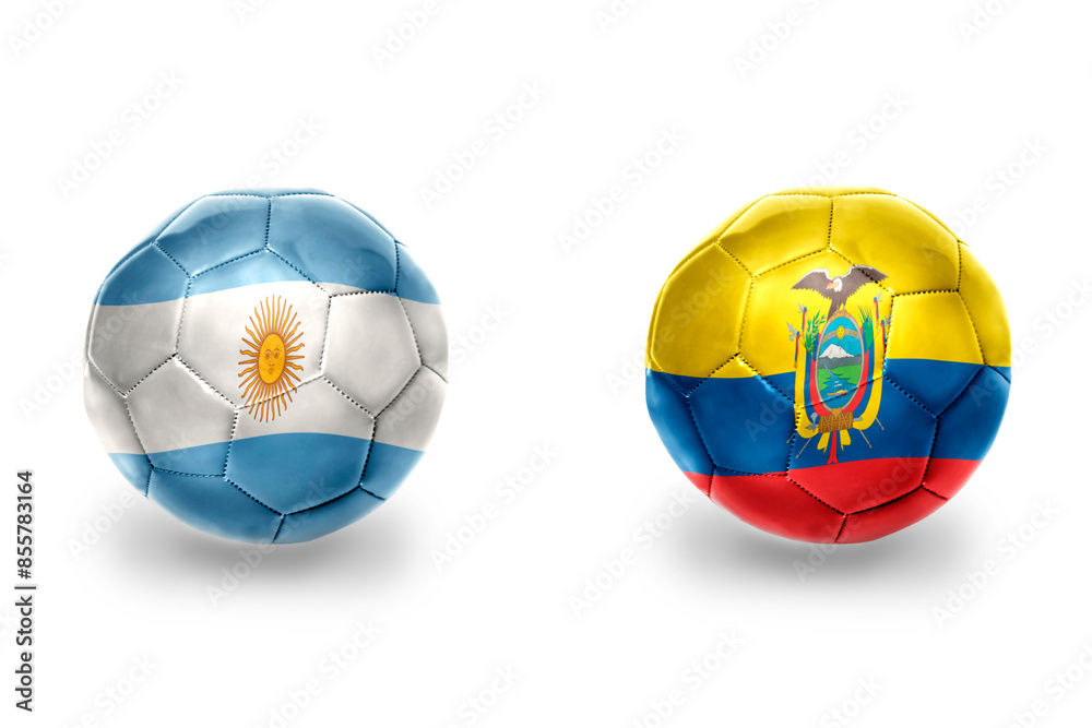 Obraz premium football balls with national flags of ecuador and argentina ,soccer teams. on the white background.