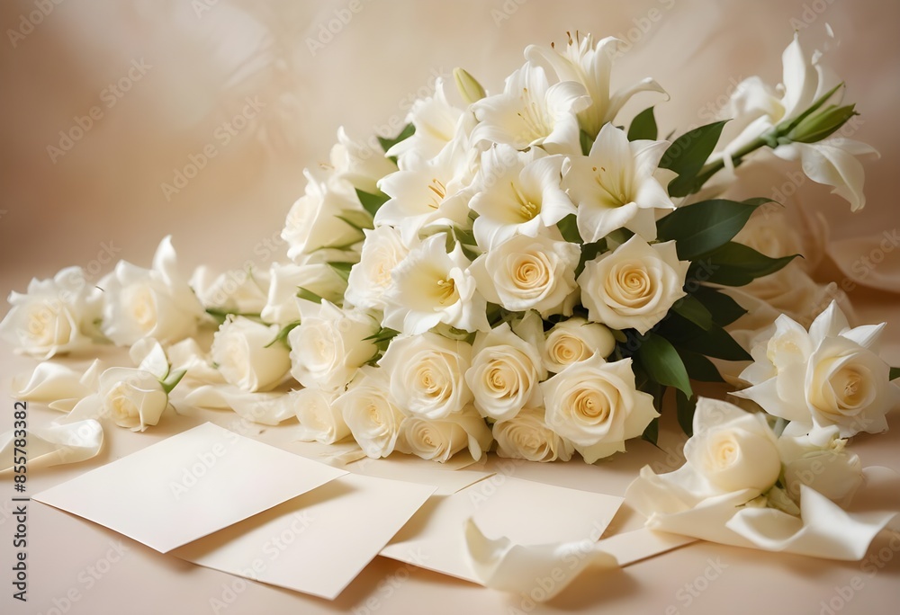 Obraz premium A bouquet of beautiful white roses and other white flowers arranged in a turquoise vase on a white cloth