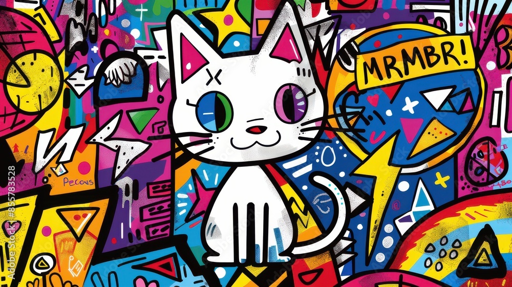 Energetic Cat Illustration in a Colorful Pop Art Style with Abstract Elements.