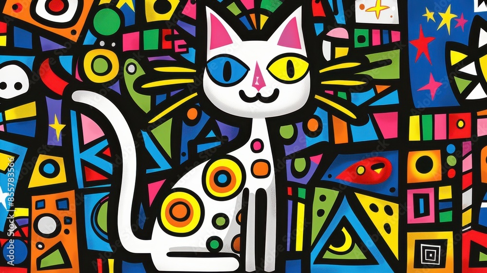 Cheerful Cat Illustration in a Vibrant Pop Art Style with Bold Geometric Shapes. Cheerful Cat Illustration in a Vibrant Pop Art Style with Bold Geometric Shapes.
