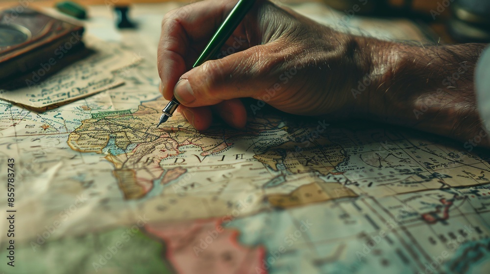 Naklejka premium A highly detailed photograph of a close-up shot of a postcard being written on, with a map visible in the background, ultra-sharp and clear