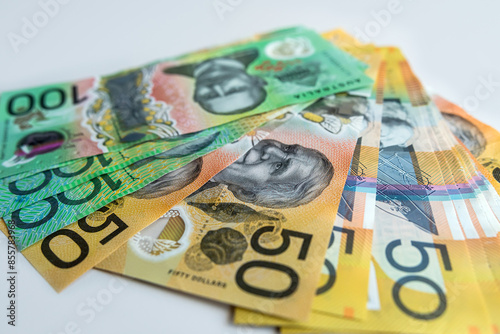 New 50 100 Australian money dollar business background. Economy and finance concept