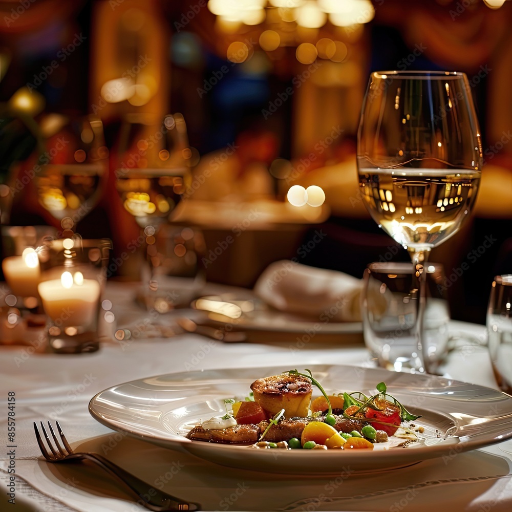 The image depicts a dinner table setting with neatly arranged plates, cutlery, and glasses A bottle of wine is placed on the table, suggesting a fine dining experience The image depicts a dinner table setting with neatly arranged plates, cutlery, and glasses A bottle of wine is placed on the table, suggesting a fine dining experience