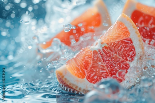 Crisp image of grapefruit slices surrounded by a dynamic splash of water, highlighting freshness and vitality