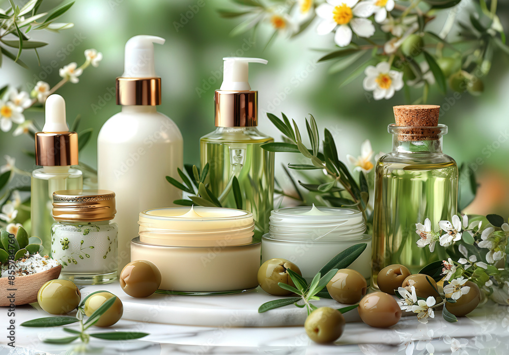 Olive oil based skin care set including lotion, cream, serum, bottles for cosmetics Olive oil based skin care set including lotion, cream, serum, bottles for cosmetics