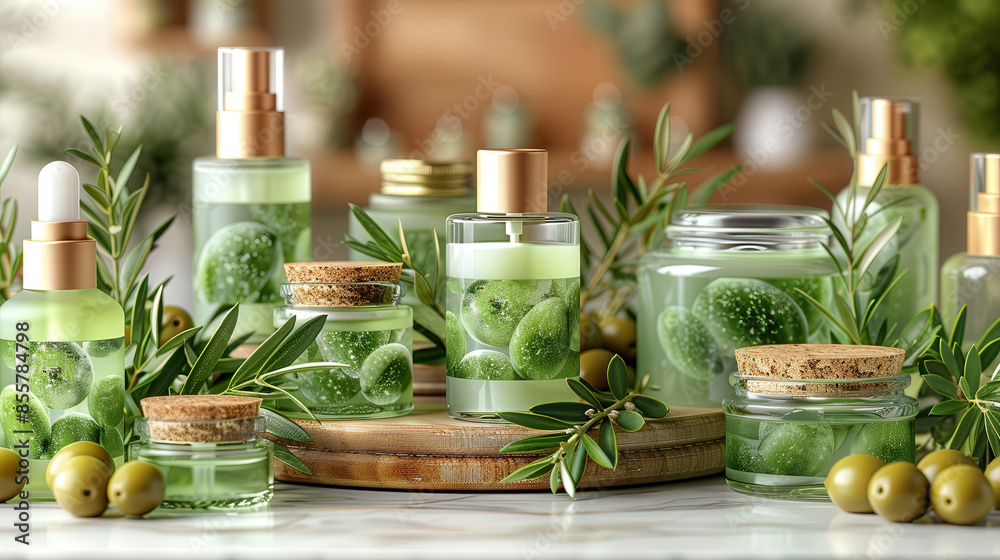 Olive oil based skin care set including lotion, cream, serum, bottles for cosmetics Olive oil based skin care set including lotion, cream, serum, bottles for cosmetics