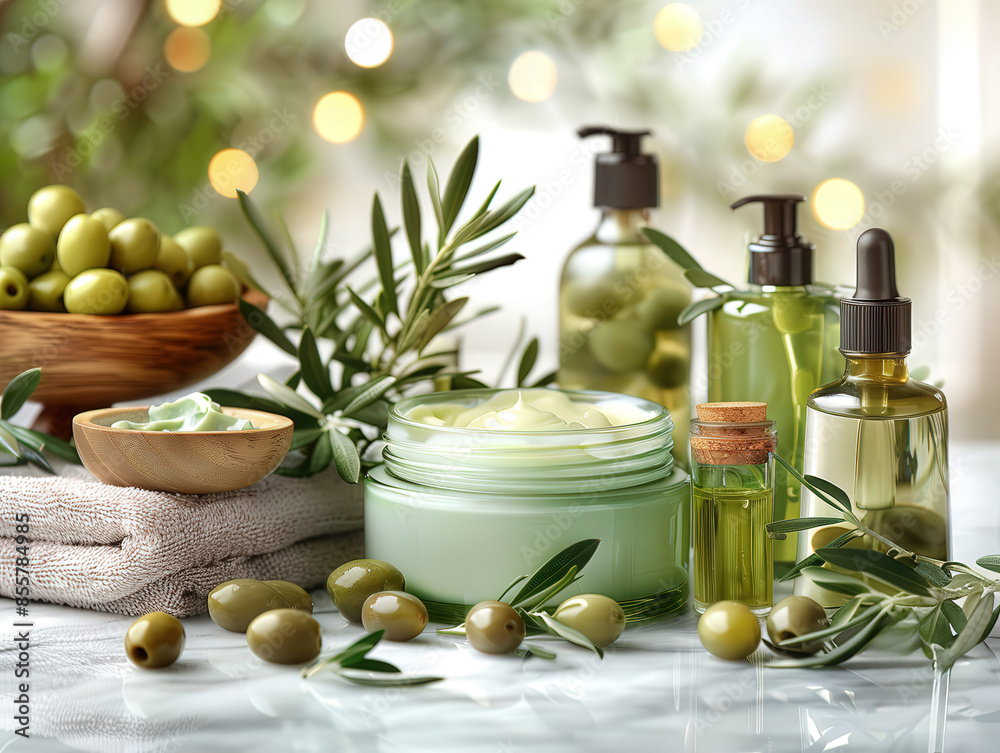 Olive oil based skin care set including lotion, cream, serum, bottles for cosmetics Olive oil based skin care set including lotion, cream, serum, bottles for cosmetics