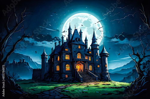 An old castle with broken windows and ghostly lights vector art illustration image.

 photo