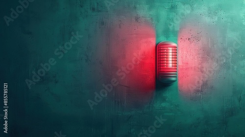 Close-up of a red emergency light against a green wall, soft-focus background, warm evening light, cinematic realism, high definition, intense mood photo