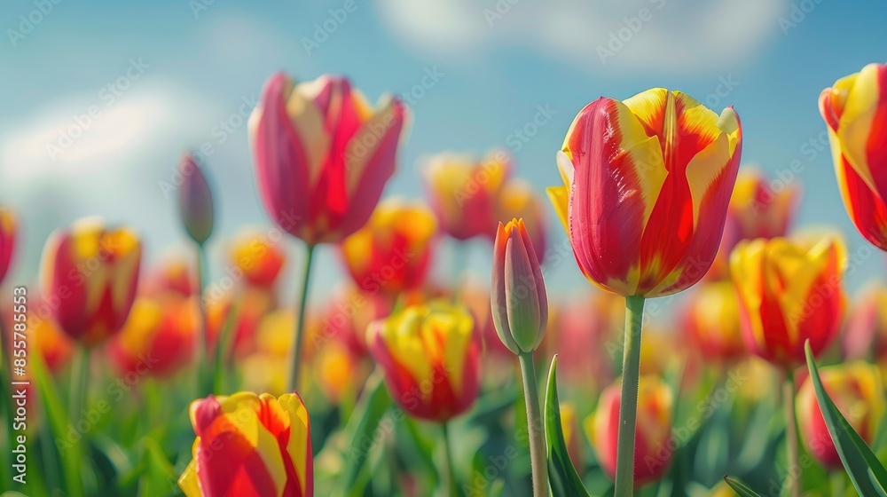 Beautiful red and yellow tulips close up in a sunny Dutch field Beautiful red and yellow tulips close up in a sunny Dutch field