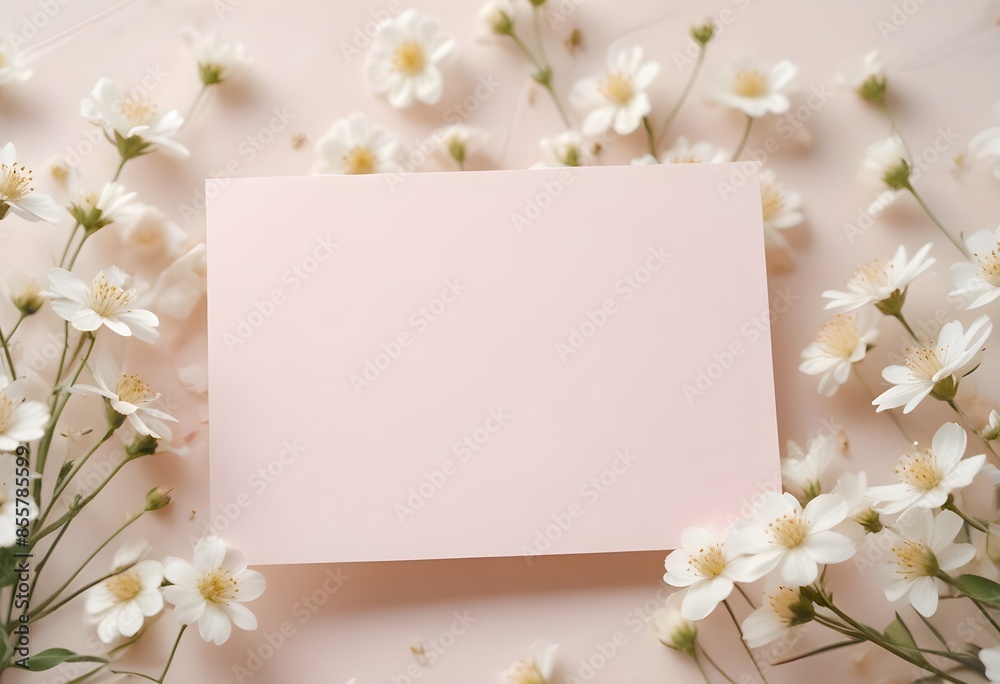 A blank white card or paper surrounded by delicate white flowers on a soft, light background A blank white card or paper surrounded by delicate white flowers on a soft, light background