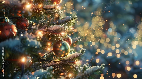 A 3D-rendered festive Christmas tree decorated with realistic ornaments and twinkling lights, highly detailed photograph, ultra-sharp and clear photo