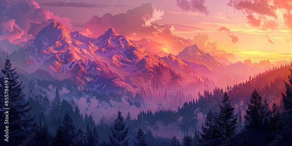 In the summer, the mountains look beautiful at sunset In the summer, the mountains look beautiful at sunset