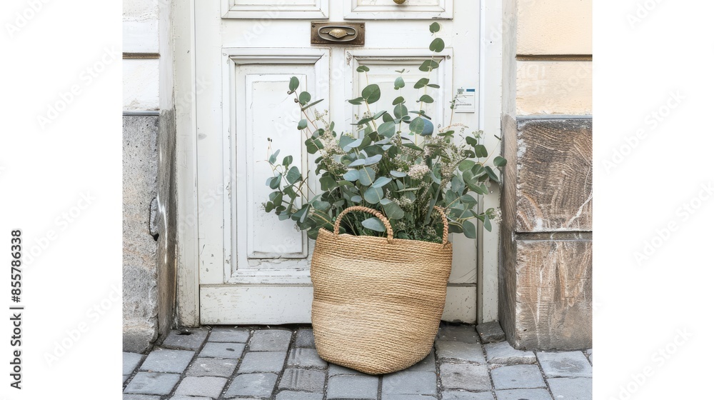 a straw bag adorned with peonies and eucalyptus placed gracefully on the street against an old white door, with a blurred background. a straw bag adorned with peonies and eucalyptus placed gracefully on the street against an old white door, with a blurred background.