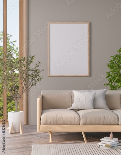 Frame mockup, ISO A paper size. Living room wall poster mockup. Interior mockup with house background. Modern interior design. 3D render