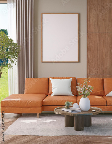 Frame mockup, ISO A paper size. Living room wall poster mockup. Interior mockup with house background. Modern interior design. 3D render