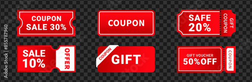 Coupon promotion set. Gift voucher and discount sticker red color. Vector illustration isolated transparent background